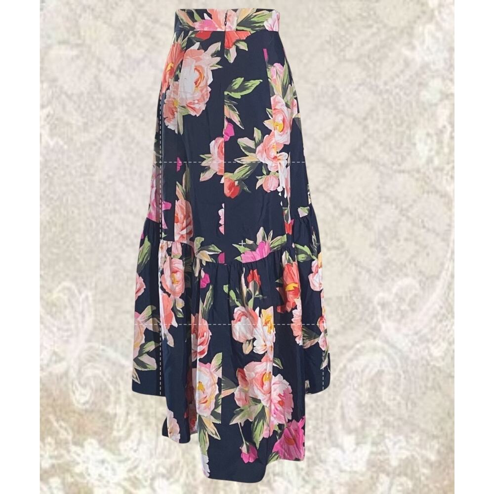 Eliza J Navy Floral High Low Cascade Ruffle Womens 6 Wedding/Peasant Skirt - Picture 4 of 12